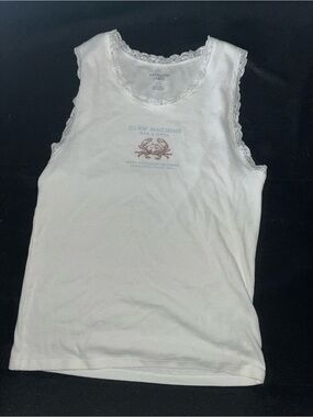 American Eagle Outfitters White Tank Top with Blue and Brown Graphic